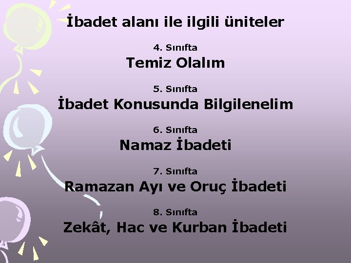 İbadet alanı ile ilgili üniteler 4. Sınıfta Temiz Olalım 5. Sınıfta İbadet Konusunda Bilgilenelim