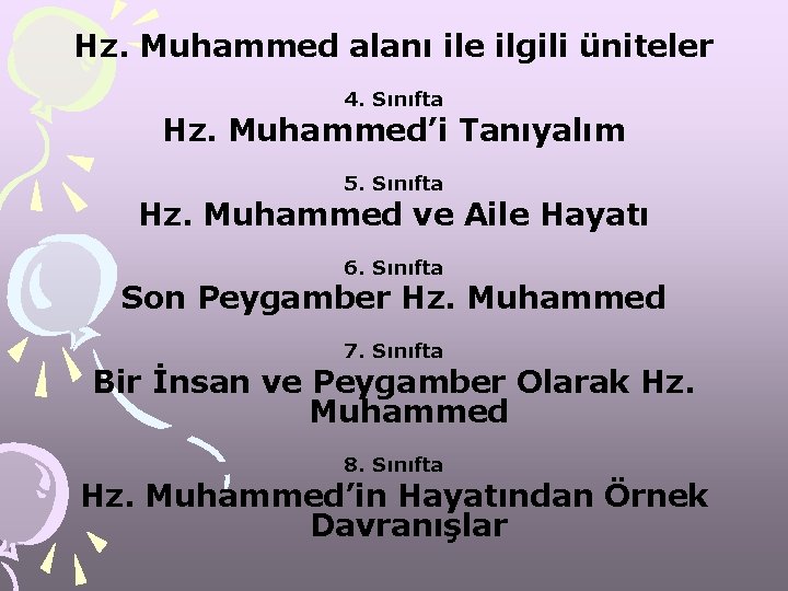 Hz. Muhammed alanı ile ilgili üniteler 4. Sınıfta Hz. Muhammed’i Tanıyalım 5. Sınıfta Hz.