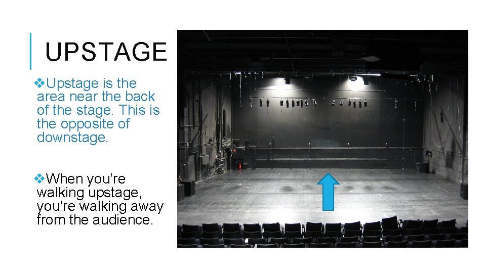 UPSTAGE v. Upstage is the area near the back of the stage. This is