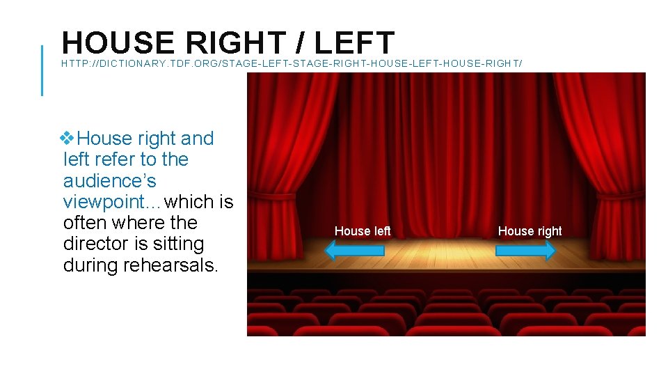 HOUSE RIGHT / LEFT HTTP: //DICTIONARY. TDF. ORG/STAGE-LEFT-STAGE-RIGHT-HOUSE-LEFT-HOUSE-RIGHT/ v. House right and left refer