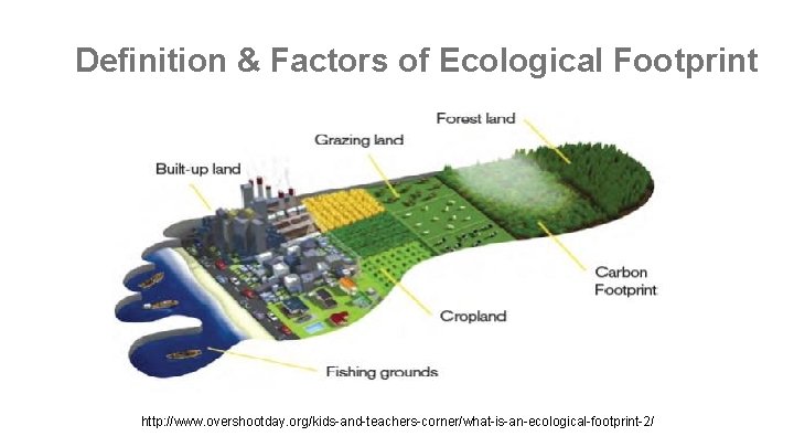 Definition & Factors of Ecological Footprint http: //www. overshootday. org/kids-and-teachers-corner/what-is-an-ecological-footprint-2/ 