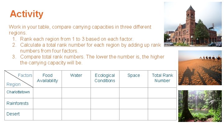Activity Work in your table, compare carrying capacities in three different regions. 1. Rank