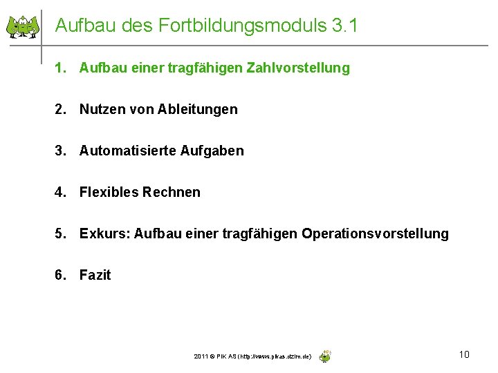 Aufbau des Fortbildungsmoduls 3. 1 1. Aufbau einer tragfähigen Zahlvorstellung 2. Nutzen von Ableitungen
