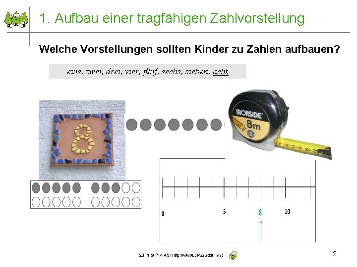 1. Aufbau einer tragfähigen Zahlvorstellung Welche Vorstellungen sollten Kinder zu Zahlen aufbauen? eins, zwei,