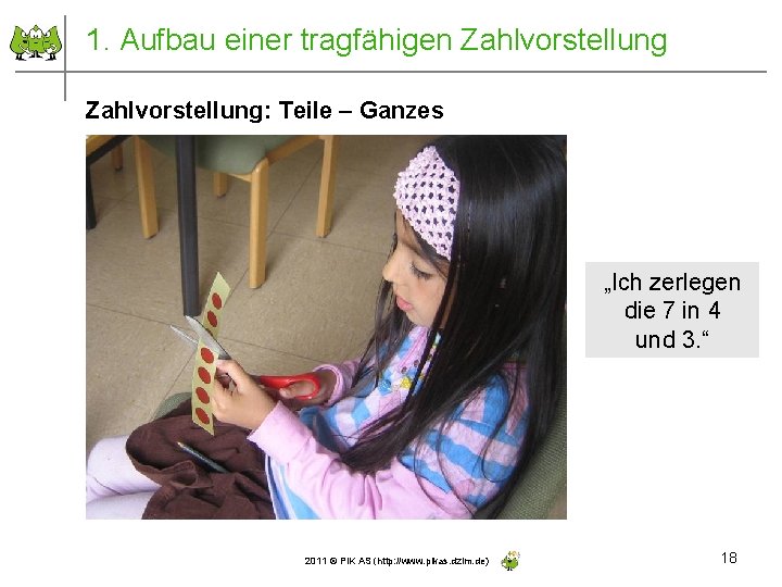 1. Aufbau einer tragfähigen Zahlvorstellung: Teile – Ganzes „Ich zerlegen die 7 in 4