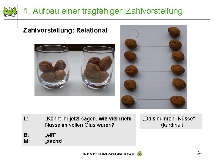 1. Aufbau einer tragfähigen Zahlvorstellung: Relational L: „Könnt ihr jetzt sagen, wie viel mehr