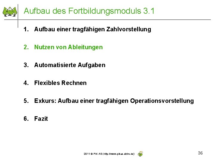 Aufbau des Fortbildungsmoduls 3. 1 1. Aufbau einer tragfähigen Zahlvorstellung 2. Nutzen von Ableitungen
