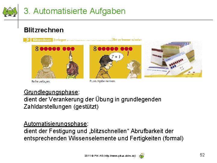 3. Automatisierte Aufgaben Blitzrechnen Grundlegungsphase: dient der Verankerung der Übung in grundlegenden Zahldarstellungen (gestützt)