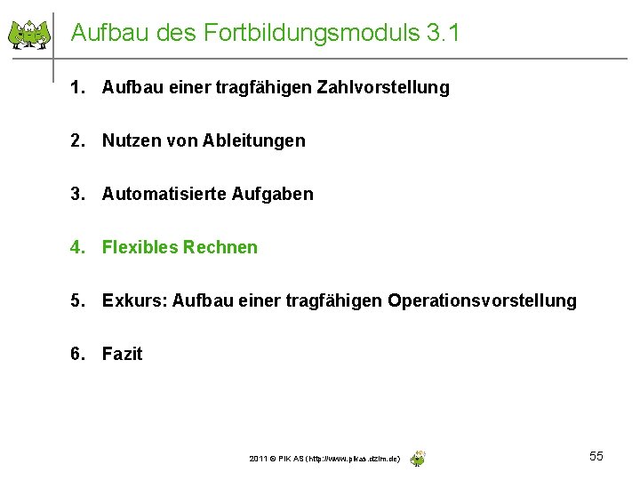 Aufbau des Fortbildungsmoduls 3. 1 1. Aufbau einer tragfähigen Zahlvorstellung 2. Nutzen von Ableitungen