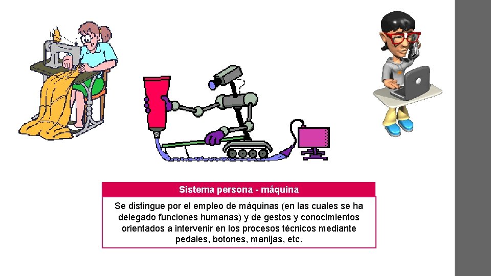 Sistema persona - máquina Se distingue por el empleo de máquinas (en las cuales