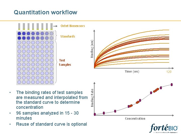 Quantitation workflow Octet Biosensors Binding (nm) Standards Test Samples • • • The binding