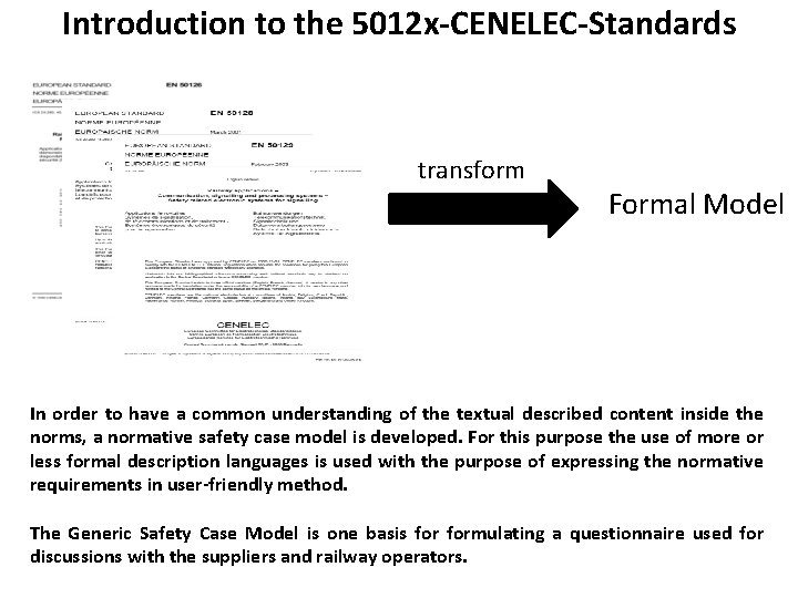 Introduction to the 5012 x-CENELEC-Standards transform Formal Model In order to have a common