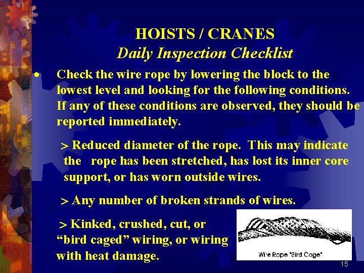HOISTS / CRANES Daily Inspection Checklist · Check the wire rope by lowering the
