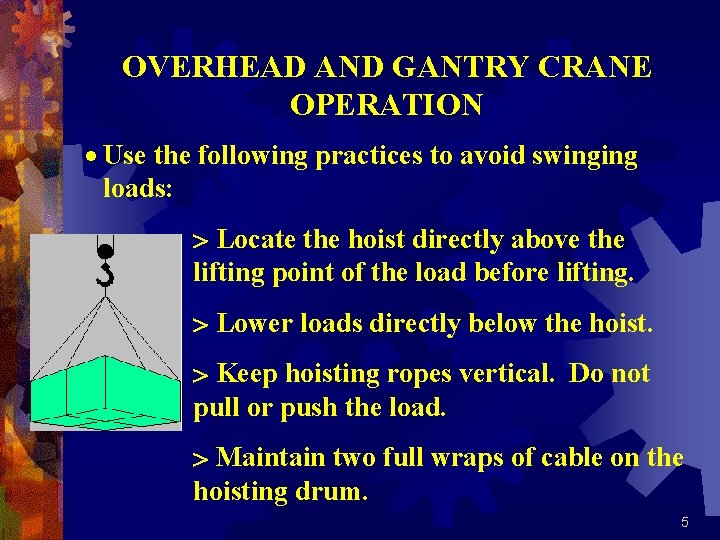 OVERHEAD AND GANTRY CRANE OPERATION · Use the following practices to avoid swinging loads: