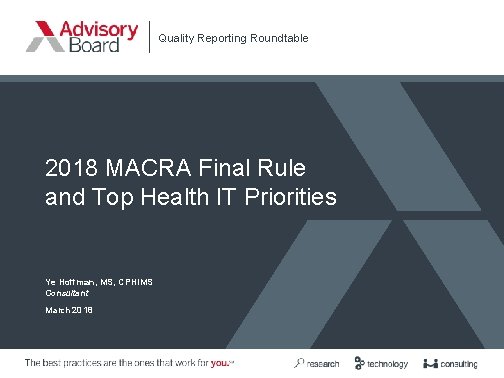 Quality Reporting Roundtable 2018 MACRA Final Rule and Top Health IT Priorities Ye Hoffman,