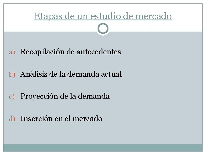 Etapas de un estudio de mercado a) Recopilación de antecedentes b) Análisis de la