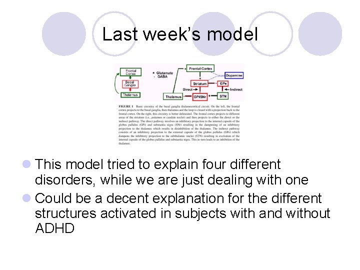 Last week’s model l This model tried to explain four different disorders, while we