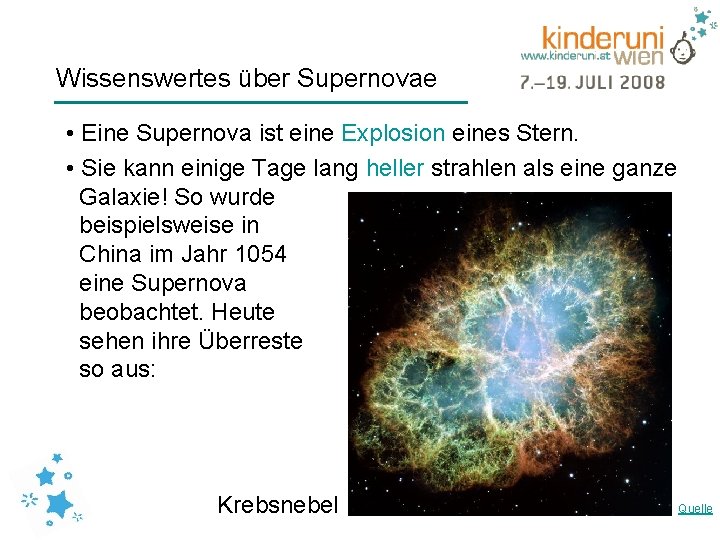 Wissenswertes über Supernovae • Eine Supernova ist eine Explosion eines Stern. • Sie kann