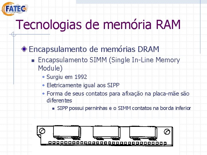 Tecnologias de memória RAM Encapsulamento de memórias DRAM n Encapsulamento SIMM (Single In-Line Memory Tecnologias de memória RAM Encapsulamento de memórias DRAM n Encapsulamento SIMM (Single In-Line Memory