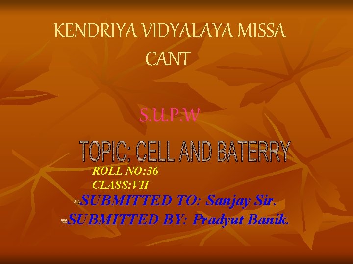 KENDRIYA VIDYALAYA MISSA CANT S. U. P. W ROLL NO: 36 CLASS: VII SUBMITTED