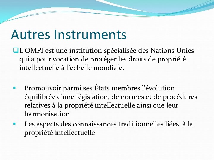 Autres Instruments q L’OMPI est une institution spécialisée des Nations Unies qui a pour