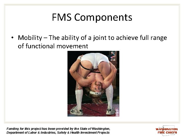 FMS Components • Mobility – The ability of a joint to achieve full range FMS Components • Mobility – The ability of a joint to achieve full range