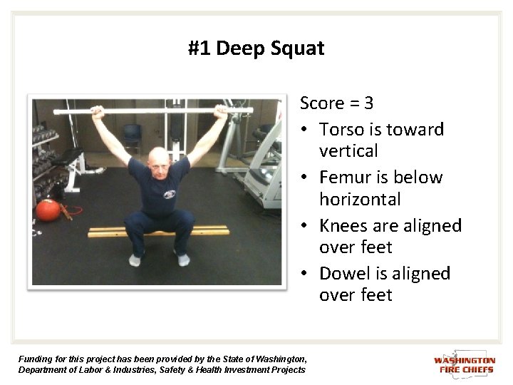 #1 Deep Squat Score = 3 • Torso is toward vertical • Femur is #1 Deep Squat Score = 3 • Torso is toward vertical • Femur is