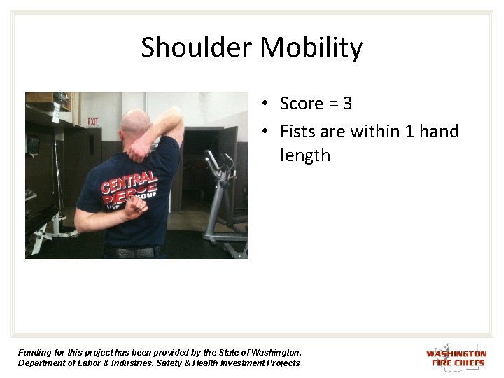Shoulder Mobility • Score = 3 • Fists are within 1 hand length Funding Shoulder Mobility • Score = 3 • Fists are within 1 hand length Funding