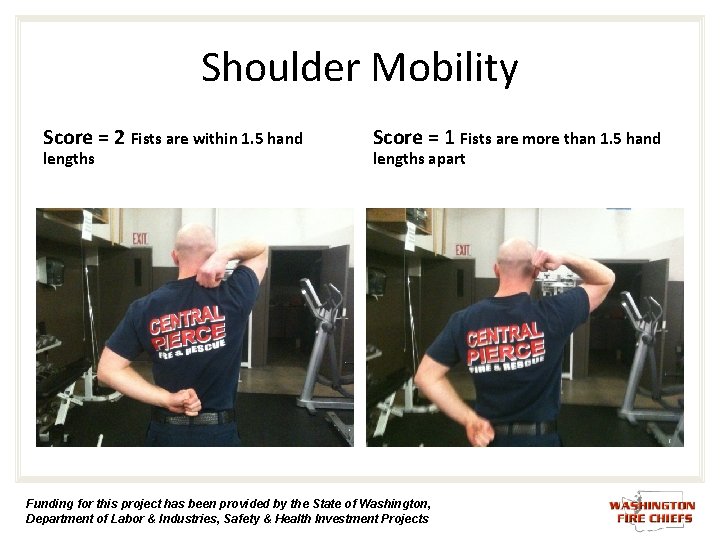 Shoulder Mobility Score = 2 Fists are within 1. 5 hand lengths Score = Shoulder Mobility Score = 2 Fists are within 1. 5 hand lengths Score =