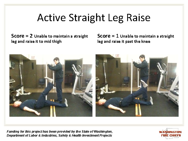 Active Straight Leg Raise Score = 2 Unable to maintain a straight leg and Active Straight Leg Raise Score = 2 Unable to maintain a straight leg and