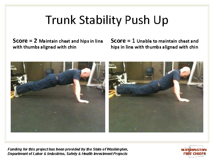Trunk Stability Push Up Score = 2 Maintain chest and hips in line with Trunk Stability Push Up Score = 2 Maintain chest and hips in line with