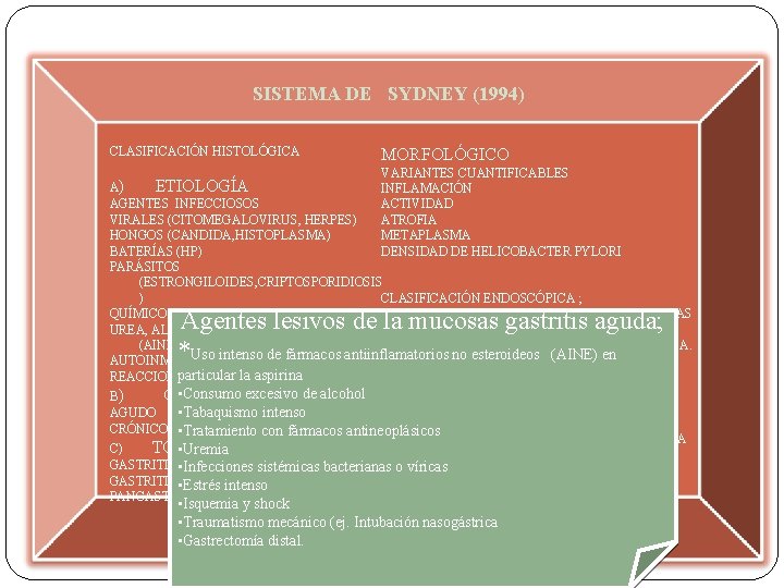 SISTEMA DE SYDNEY (1994) CLASIFICACIÓN HISTOLÓGICA MORFOLÓGICO VARIANTES CUANTIFICABLES INFLAMACIÓN ACTIVIDAD ATROFIA METAPLASMA DENSIDAD