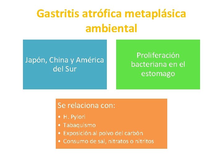 Gastritis atrófica metaplásica ambiental Japón, China y América del Sur Proliferación bacteriana en el