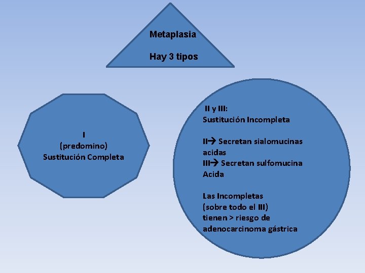Metaplasia Hay 3 tipos II y III: Sustitución Incompleta I (predomino) Sustitución Completa II