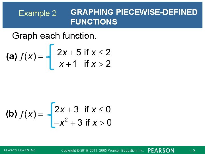 Example 2 GRAPHING PIECEWISE-DEFINED FUNCTIONS Graph each function. (a) (b) Copyright © 2015, 2011,
