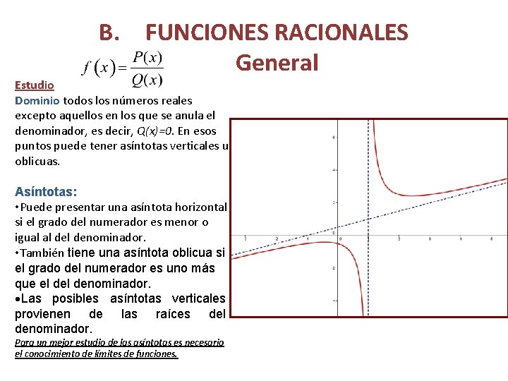 B. FUNCIONES RACIONALES General Estudio Dominio todos los números reales excepto aquellos en los