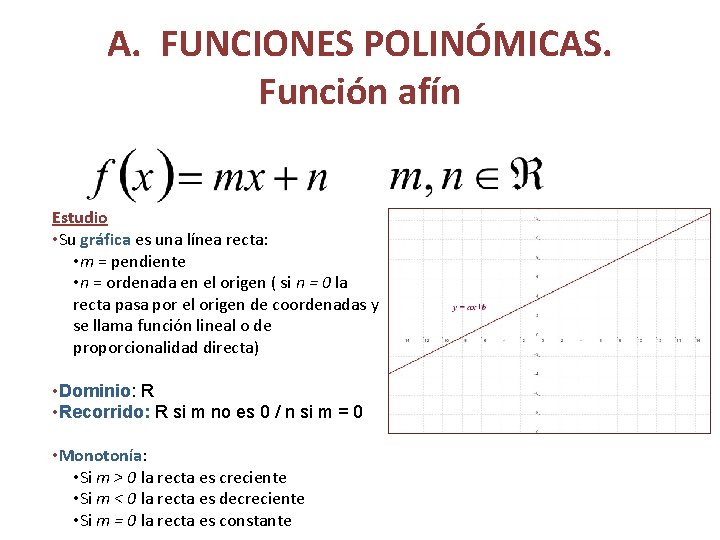 A. FUNCIONES POLINÓMICAS. Función afín Estudio • Su gráfica es una línea recta: •