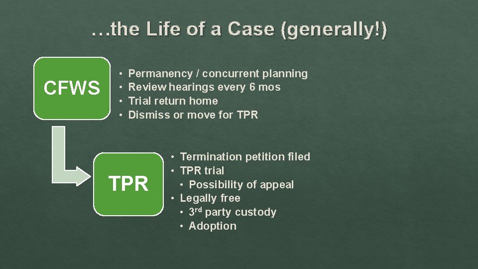 …the Life of a Case (generally!) CFWS • • Permanency / concurrent planning Review