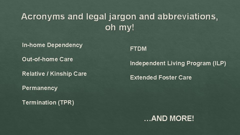 Acronyms and legal jargon and abbreviations, oh my! In-home Dependency Out-of-home Care Relative /