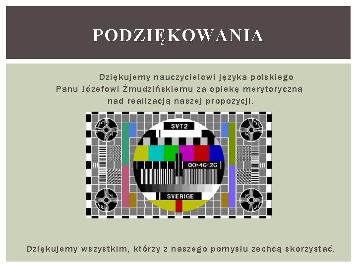 PODZIĘKOWANIA Dziękujemy nauczycielowi języka polskiego Panu Józefowi Żmudzińskiemu za opiekę merytoryczną nad realizacją naszej