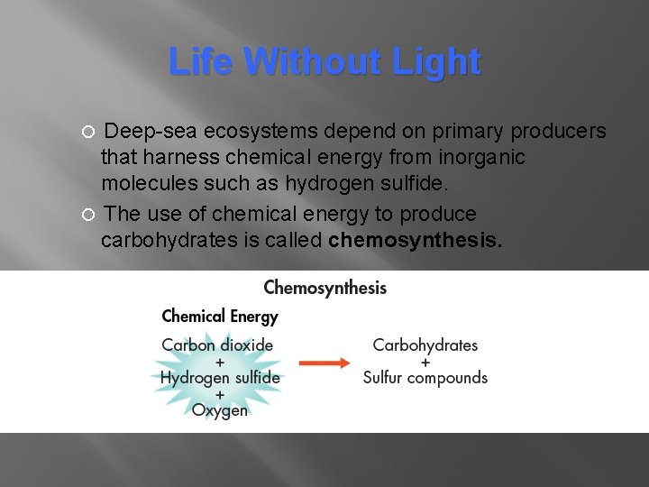 Life Without Light Deep-sea ecosystems depend on primary producers that harness chemical energy from Life Without Light Deep-sea ecosystems depend on primary producers that harness chemical energy from
