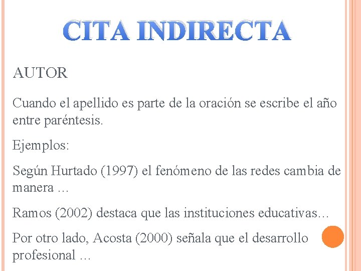 CITA INDIRECTA AUTOR Cuando el apellido es parte de la oración se escribe el