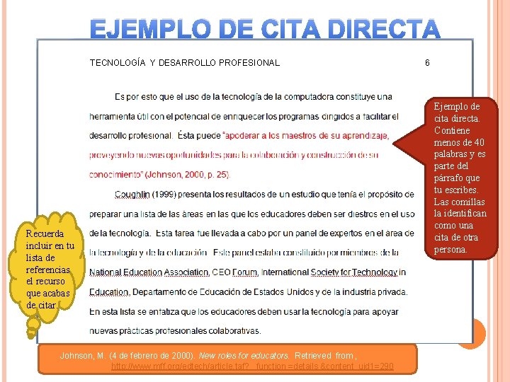 EJEMPLO DE CITA DIRECTA TECNOLOGÍA Y DESARROLLO PROFESIONAL 6 Recuerda incluir en tu lista