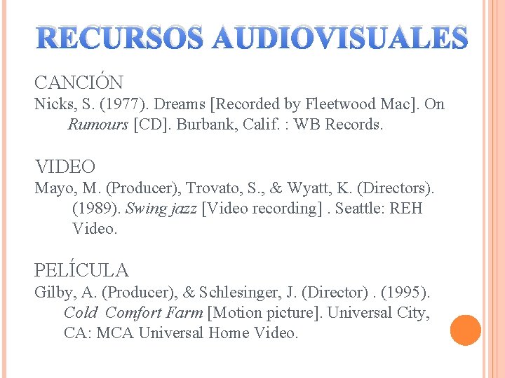 RECURSOS AUDIOVISUALES CANCIÓN Nicks, S. (1977). Dreams [Recorded by Fleetwood Mac]. On Rumours [CD].