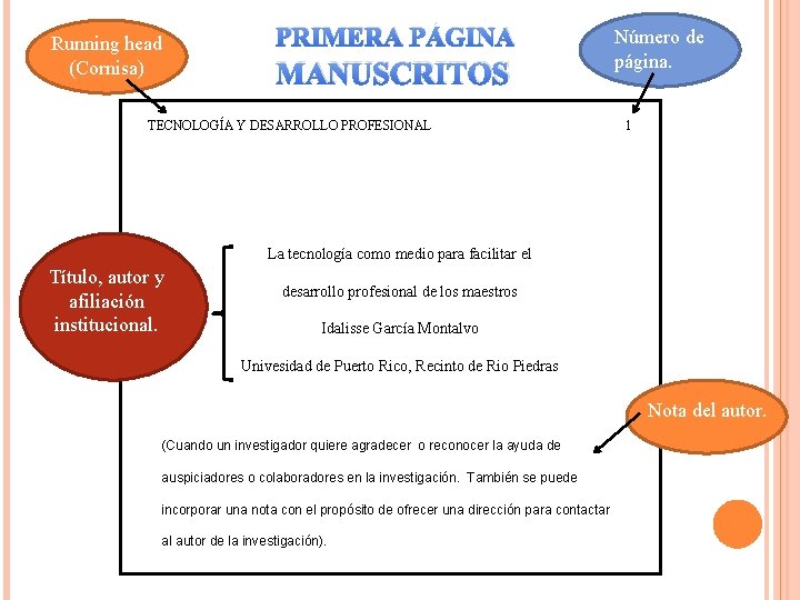 Running head (Cornisa) PRIMERA PÁGINA MANUSCRITOS TECNOLOGÍA Y DESARROLLO PROFESIONAL Número de página. 1