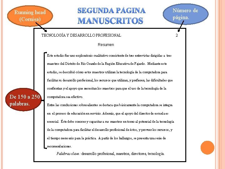 SEGUNDA PÁGINA Running head (Cornisa) MANUSCRITOS Número de página. TECNOLOGÍA Y DESARROLLO PROFESIONAL Resumen