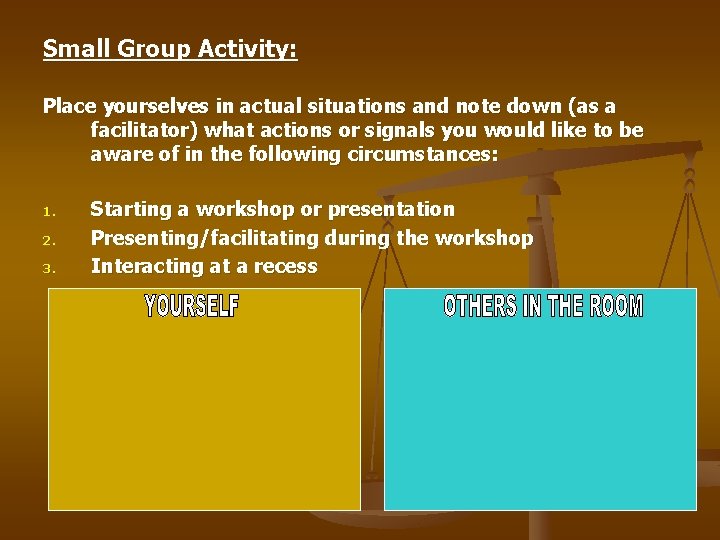 Small Group Activity: Place yourselves in actual situations and note down (as a facilitator)