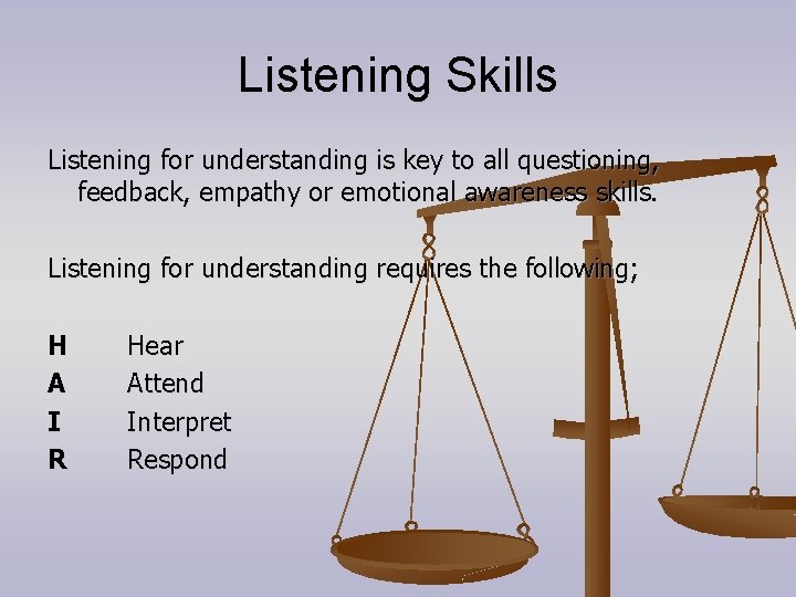 Listening Skills Listening for understanding is key to all questioning, feedback, empathy or emotional