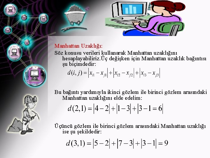 Manhattan Uzaklığı: Söz konusu verileri kullanarak Manhattan uzaklığını hesaplayabiliriz. Üç değişken için Manhattan uzaklık