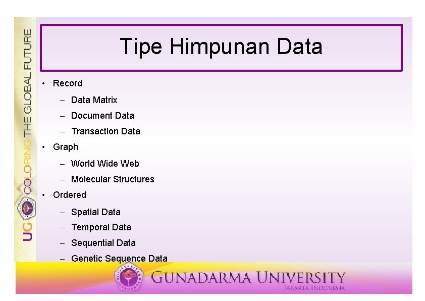 Tipe Himpunan Data • Record – Data Matrix – Document Data – Transaction Data